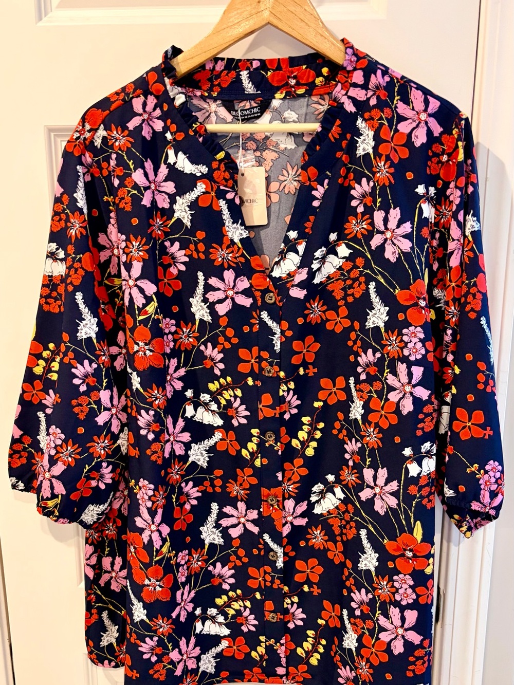 BloomChic Navy Floral Button-Front Top with Red and Pink Blooms
